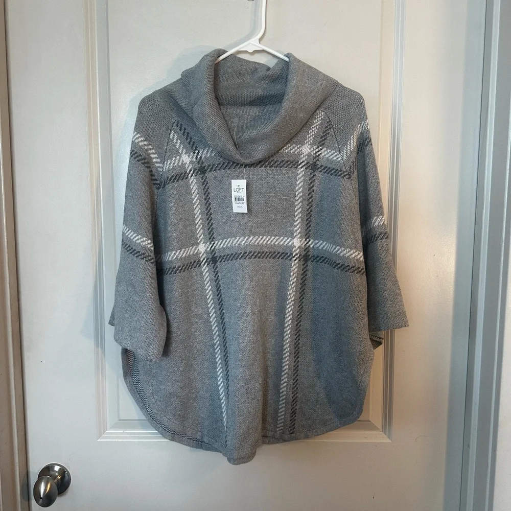 NEW Loft Grey Cotton Blend Plaid 3/4 Sleeve Cape Poncho Cowl Neck Sweater, XS/S
